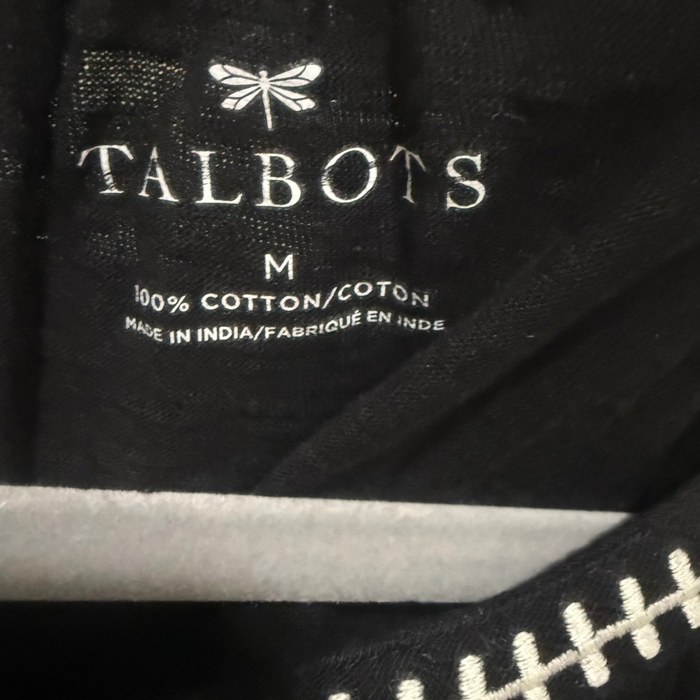 Talbots‎ Black Cotton Embroidered Boho Split Neck Tie Top Medium IN3048 - Picture 2 of 9